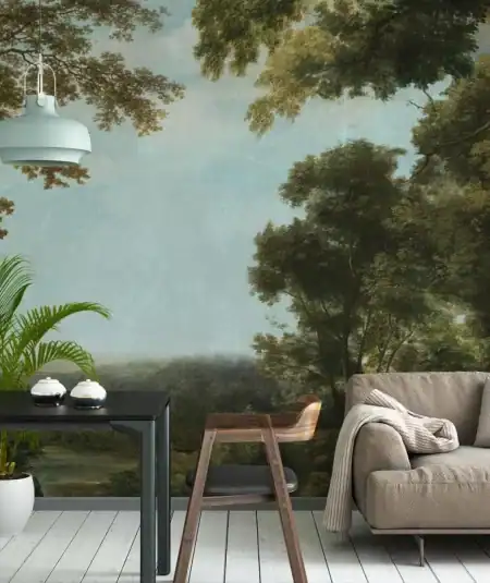 Papier peint forêt pour salon moderne, style naturel et apaisant.