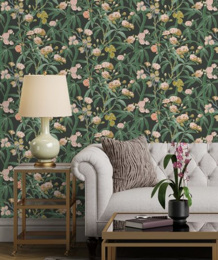 Living room featuring Casadeco Habana Vert Fonce tropical botanical wallpaper with lush foliage design.