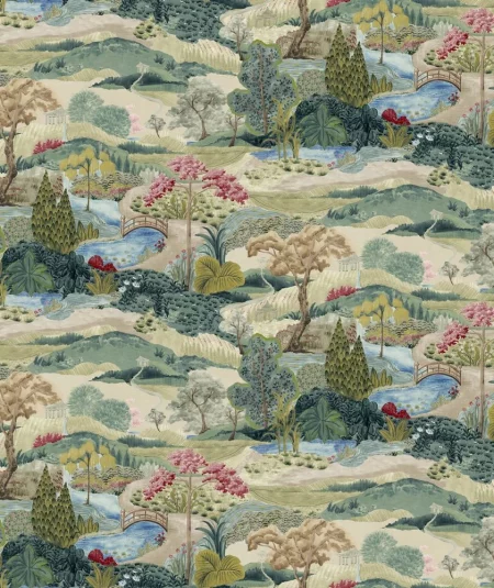 murale papier peint Hawthorne Hill Forest Reverie Détail du motif aquarelle du papier peint Hawthorne Hill Forest Reverie, montrant les coups de pinceau sur les fleurs et le feuillage.