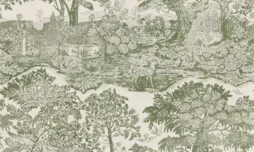 Papier peint Sanderson Highgrove Toile Silver Green, vert sauge et blanc.